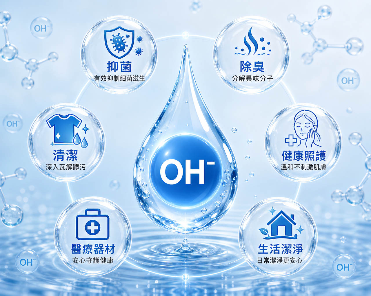 OH⁻ 離子科技應用示意圖：抑菌、除臭、清潔、健康照護、醫療器材、生活潔淨